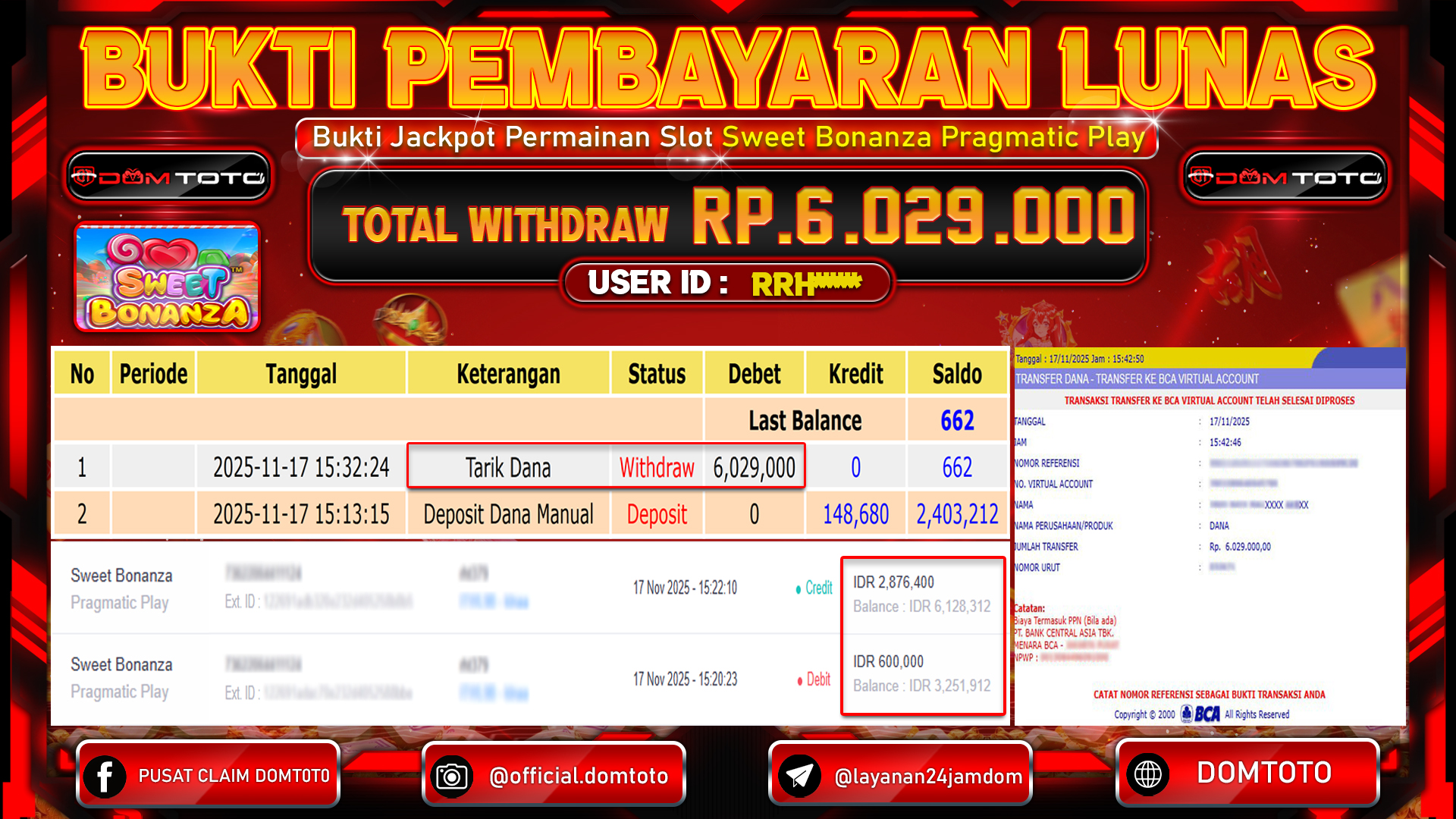JACKPOT SLOT Sweet Bonanza Pragmatic Play  17 NOVEMBER 2025